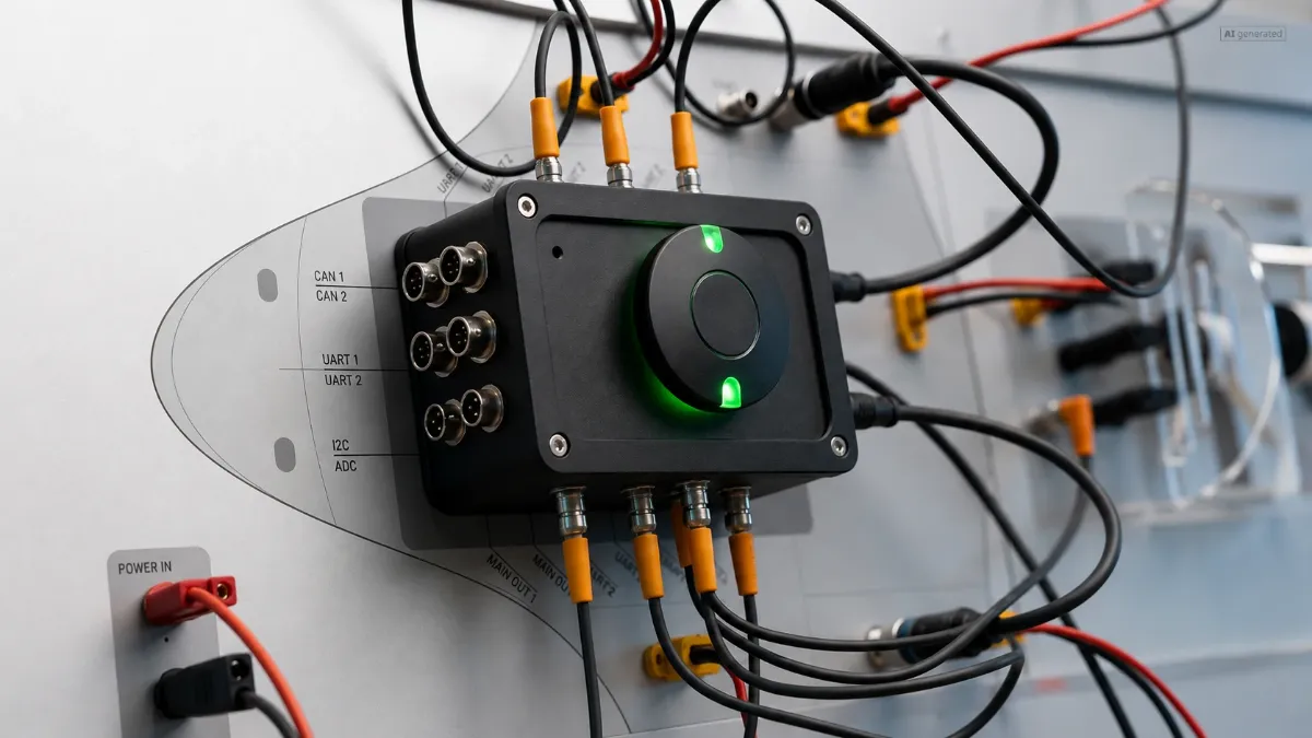 Flight Controller mit CAN-, UART- und I2C-Anschlüssen an der Trainingswand